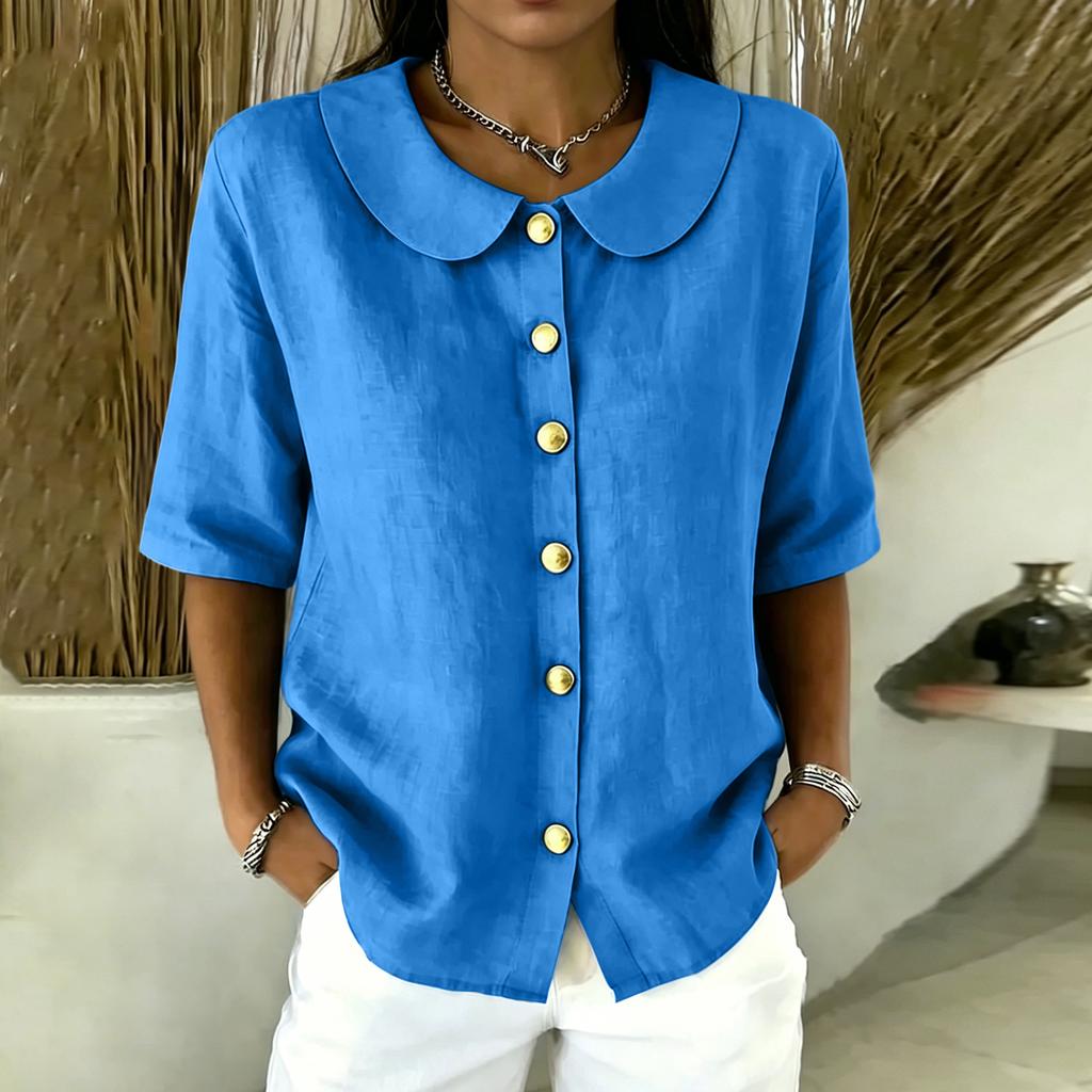 Women Button Front Short Sleeve Shirt Elegant Collar Blouse Casual Loose Fit Summer Top Lightweight Breathable Fabric