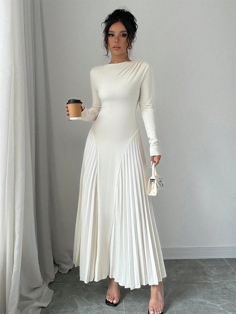 Autumn Winter Simple Solid Color Knitted Dress Women O Neck Long Sleeve Pleated Office Dresses Elegant Slim Robe Dress