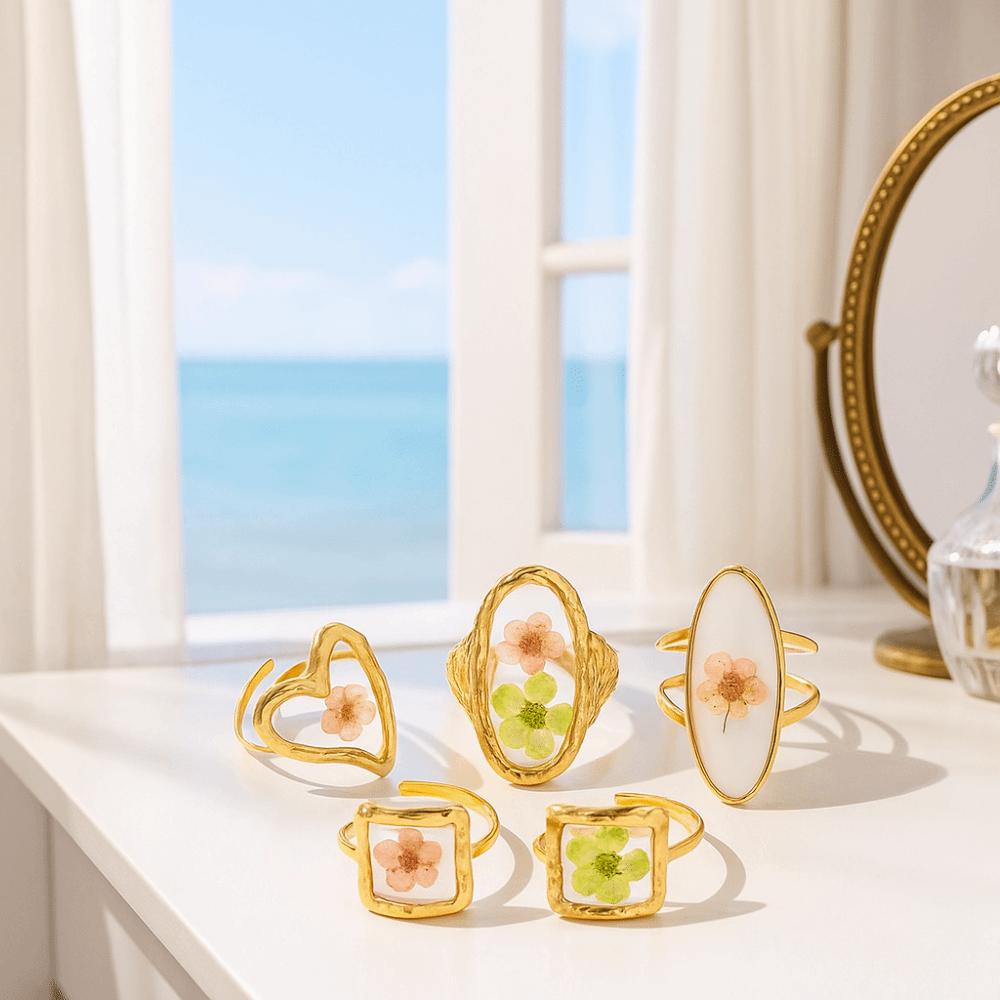 Geometric Summer Transparent Ring Stainless Steel Open Ring Retro Eternal Flower Ring  Couple