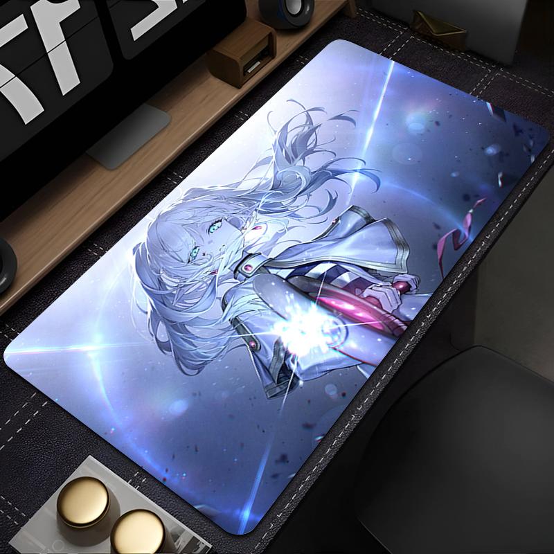 Gaming Mouse PadDesk MatAntislipStitched Edges Magical Anime Girl Print Blue Light Background Waterproof Mat for Home Use