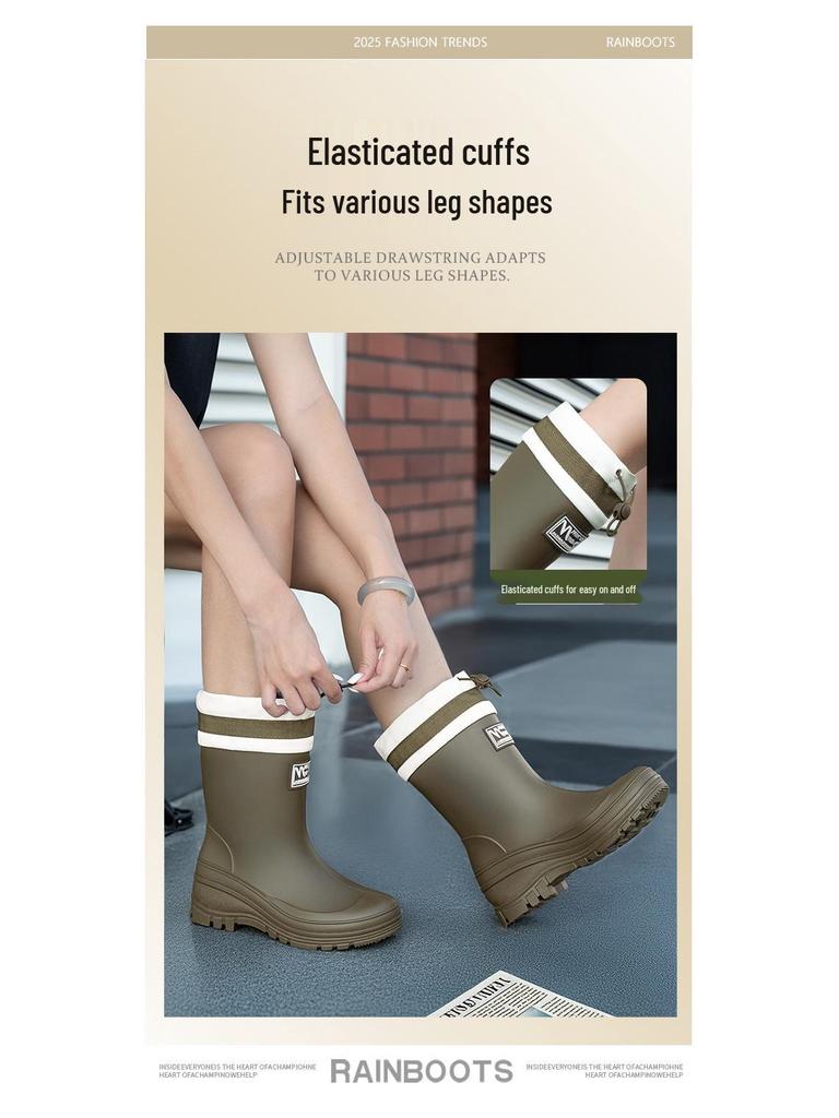 Women's Waterproof Velvet-Lined Mid-Calf Rain Boots: Drawstring, Wear-Resistant, Non-Slip Rubber for Cross-Border Fashion