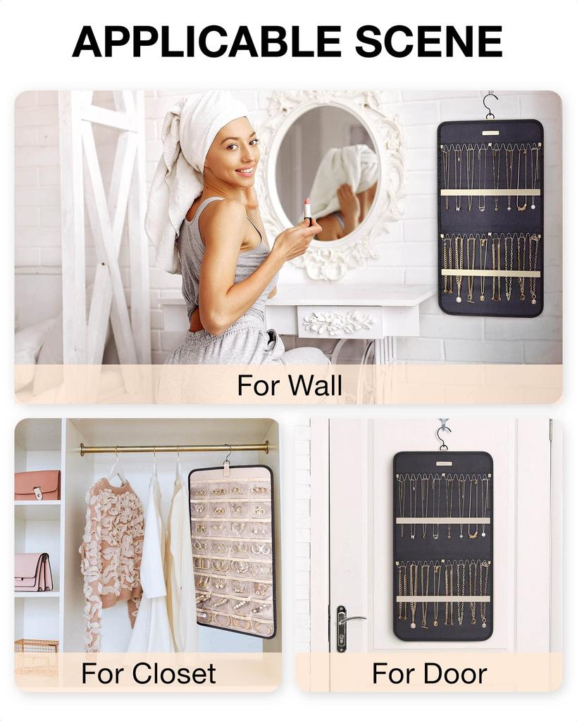 BAGSMART Hanging Jewelry Storage Roll with Metal Jewelry Holder for Medium Black Organizer, Hanger, Hook, Double-Sided Earrings, Necklaces, Rings,