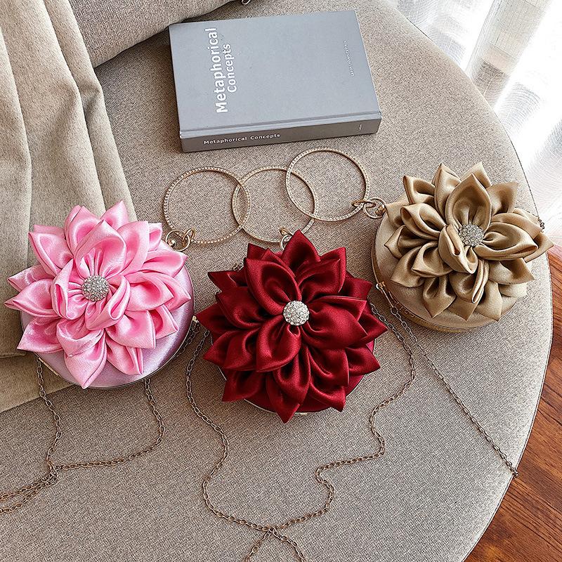 Red Flower Clutch Purse Women Round Evening Bag Crystal Diamond Wedding Silk Handbag Exquisite Chain Shoulder Bags