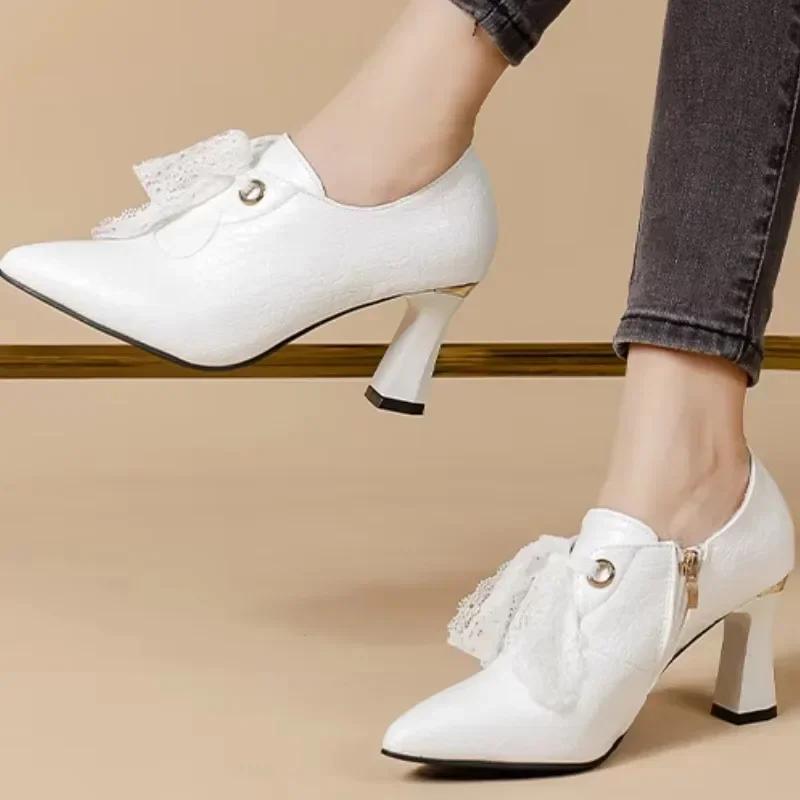 Fashion 2024 Women's High Heels PU Leather Sexy Pointed Toe Banquet Party Low-top Shoes Elegant Lace Lace-up Designer Women's High Heels