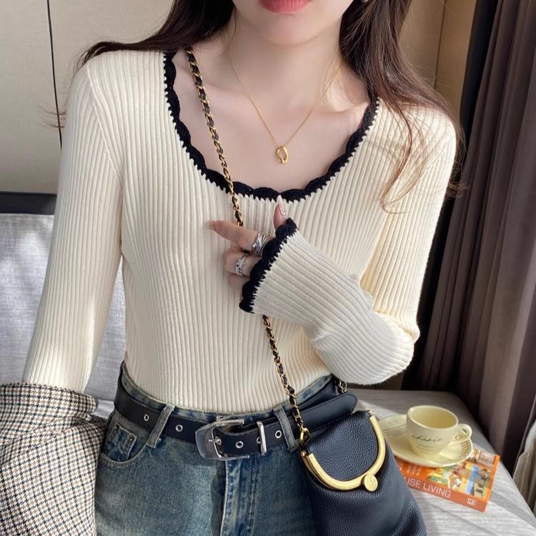 

Сексуальный тонкий свитер для женщин, однотонный внутренний пуловер, осенний тонкий трикотажный свитер с длинными рукавами, повседневный трендовый свитер S бежевый