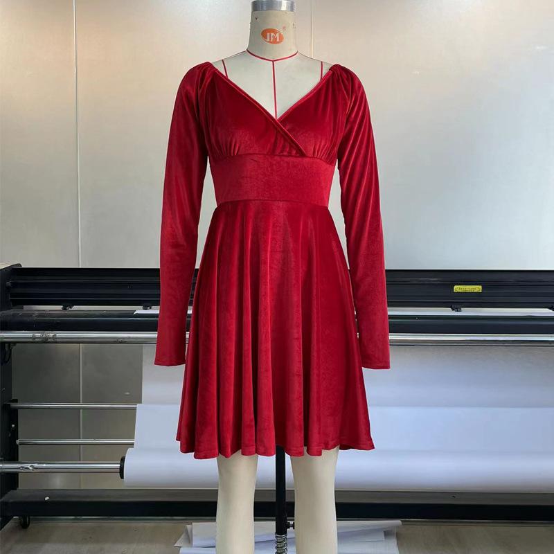 2026 New Women's Velvet Bodycon Dress, V-Neck Long Sleeve Short Cocktail Dress with Waist Cinching, Sexy Holiday & Party Velvet Gown