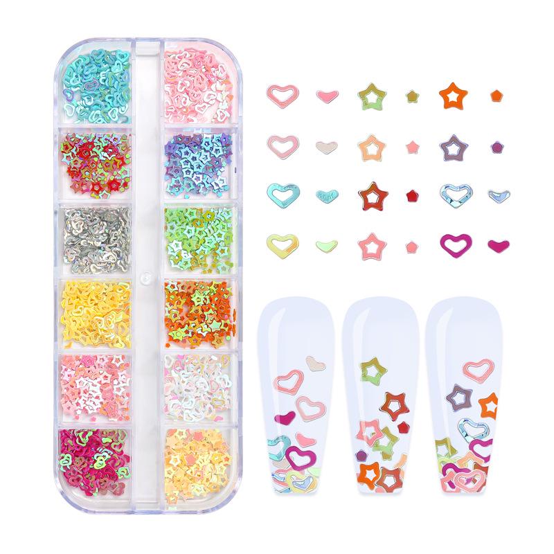 

Блестки для нейл-арта в 12 ячейках с радужными цветами, бриллиантами, звездами и сердечками и пайетки для украшения ресниц