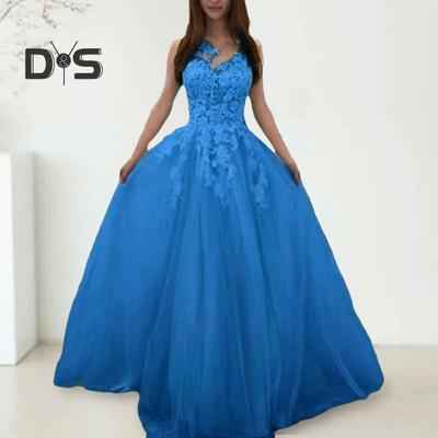 Women Evening Dress Flower Applique A-line Big Swing Princess Style Sleevless Backless Round Neck Lace Mesh Patchwork Wedding Party Maxi Dress Prom