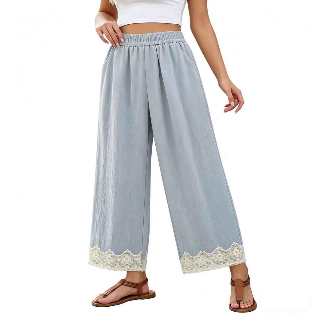 Women High Waist Loose Fit Cotton Linen Pants with Elastic Waistband and Pockets Casual Wide Leg Trousers Embroidered Hem