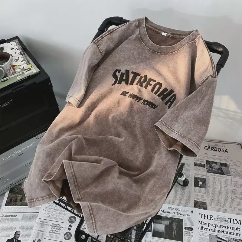 Herren-T-Shirt aus gewaschener amerikanischer Retro-Baumwolle mit kurzen Ärmeln und Rundhalsausschnitt