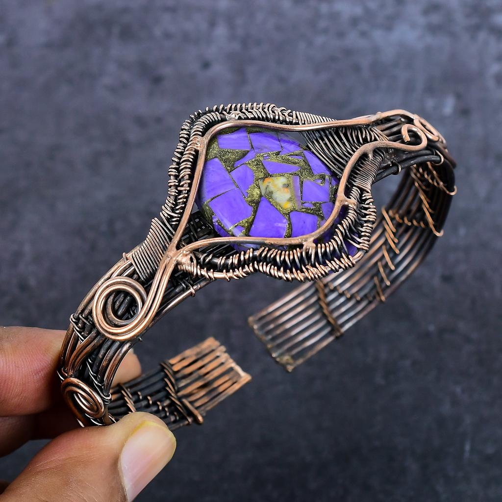 Copper Purple Turquoise Handmade Copper Wire Wrap Cuff Bangle Adjustable G5q01