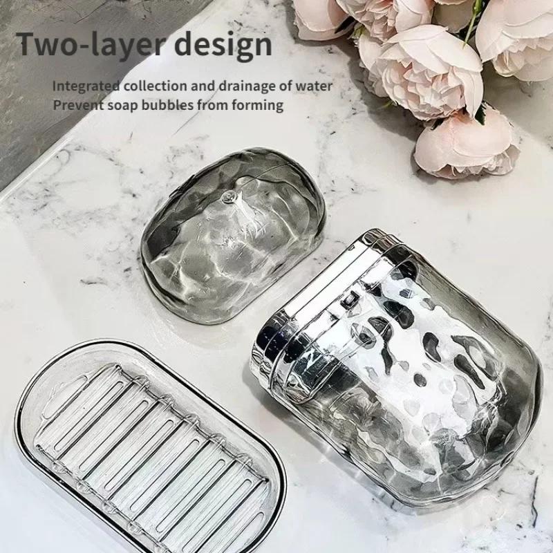Caixa de Sabão de Viagem com Bandeja Drenante Transparente Ondas d'Água Artigos de Banho Mini Estojo Portátil para Armazenamento de Sabão Tampa Selada Duas Camadas