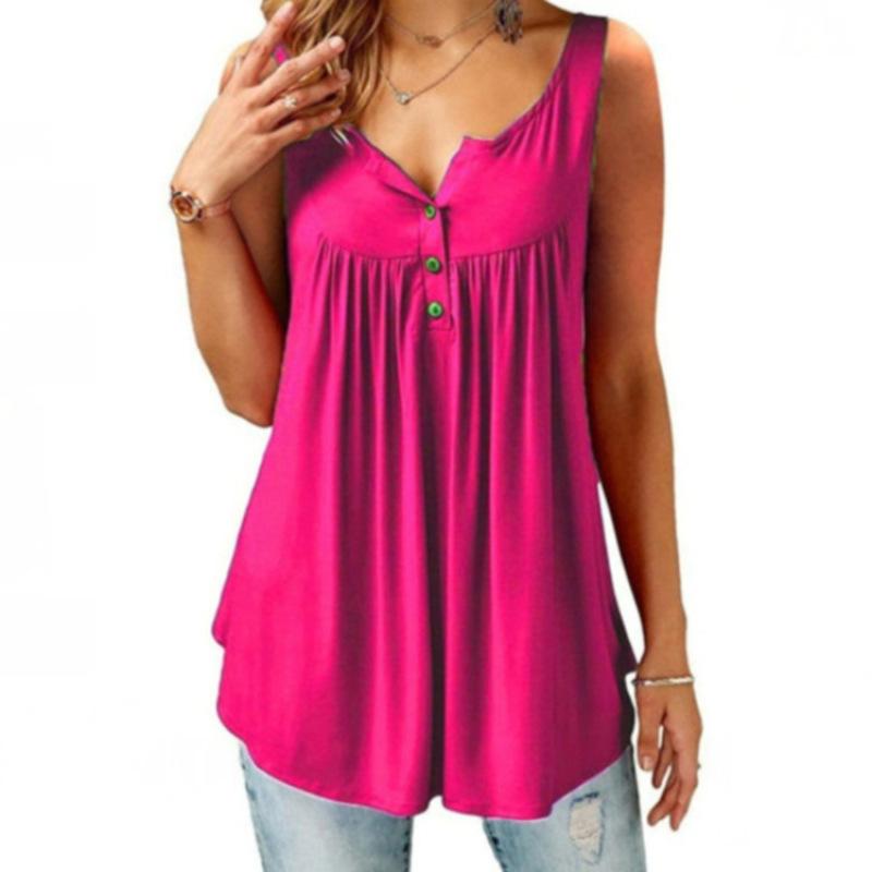 Canotta Estiva da Donna Senza Maniche Casual Tinta Unita Pieghettata Tunica Henley con Bottoni Larga e Fluida Blusa Lunga Taglie Forti