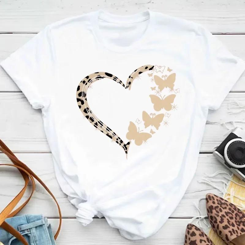 Women's colorful butterfly petal print T-shirt short-sleeved round neck cute graphic top