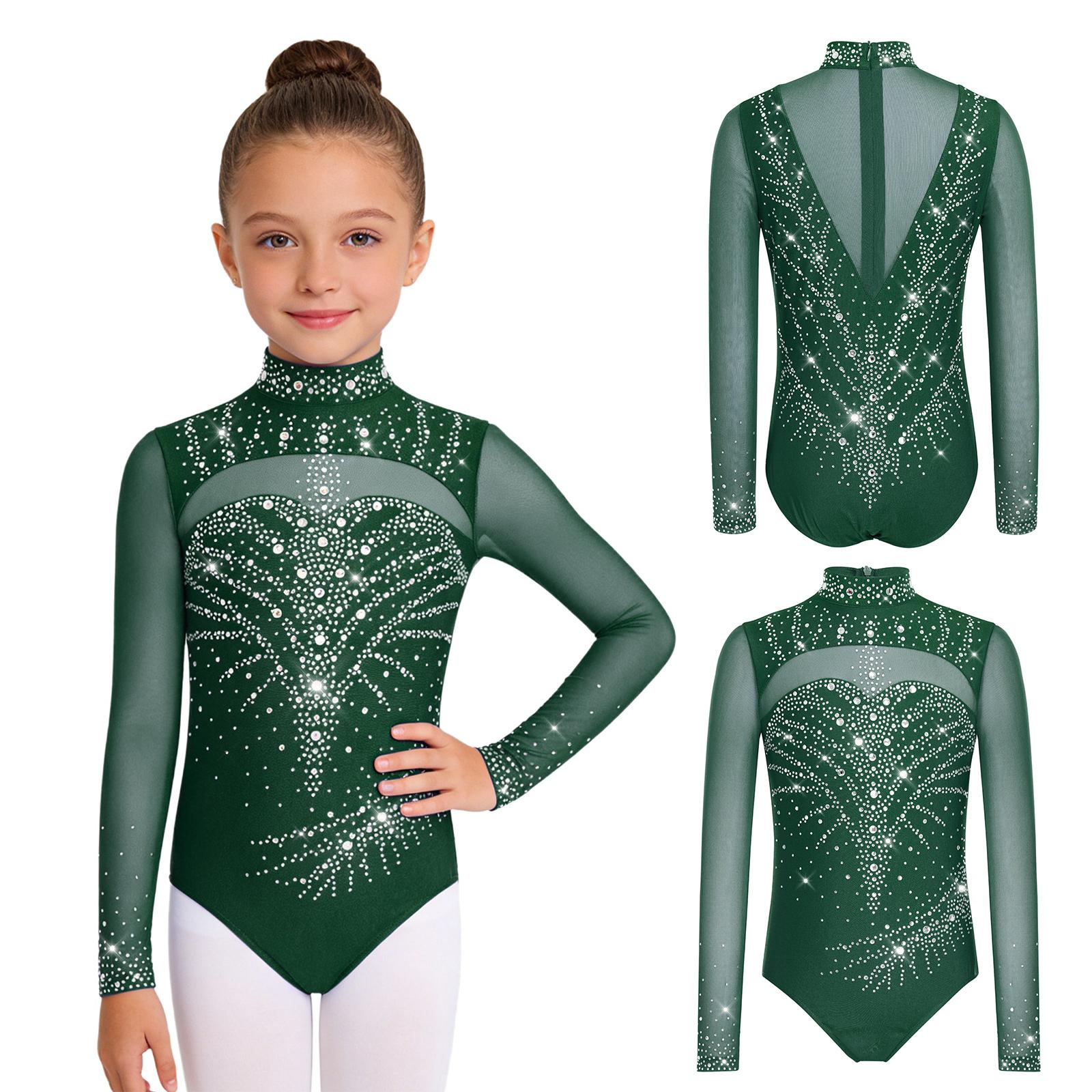 

Girls Rhinestone Embellished Mock Neck Long Sleeve Dance Leotard Back Invisible Zipper Mesh Patchwork Bodysuit for Gymnastics Performance Competition 5-6 Years темно-зелений колір