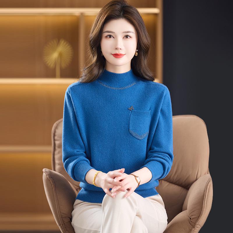 100% reine Schurwolle Damen Pullover mit halbem Stehkragen - Warme Strick-Basisschicht für mittlere und ältere Menschen