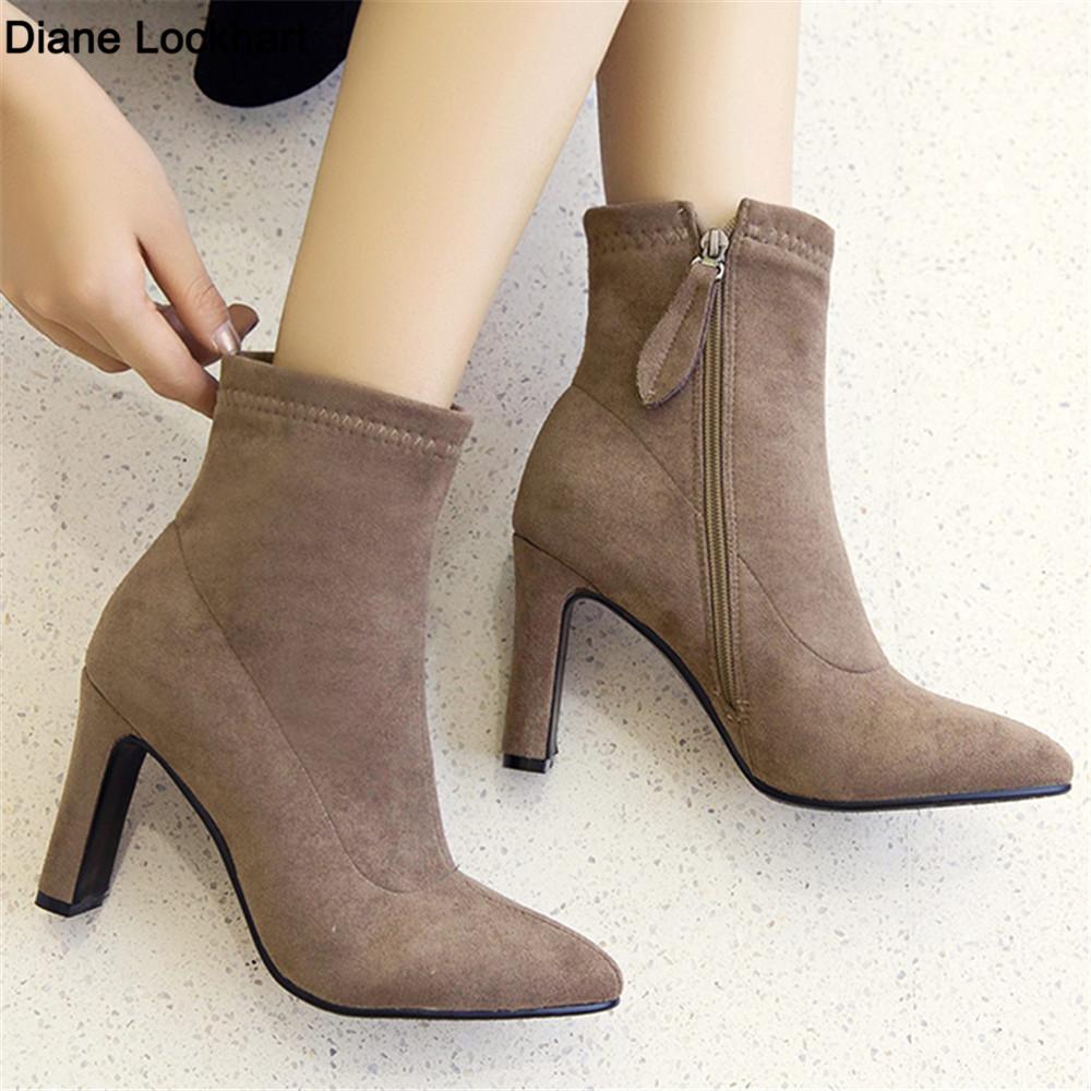 Fashion 2025 New High Heel Boots Women Korean Style Autumn and Winter High Heel Stretch Thin Boots Pointed Toe Sock Boots Women Gray