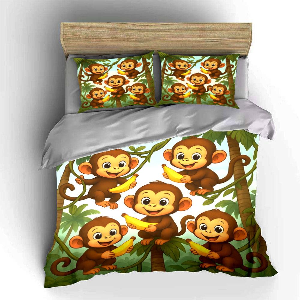 Cute Monkeys with Bananas Pattern Bedding Duvet Cover Set (1*Duvet Cover 2*Pillowcases, without duvet insert)