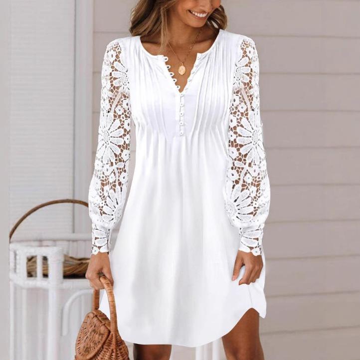 Women V Neck Long Sleeve Lace Panel Mini Dress Casual A Line Shift Dress