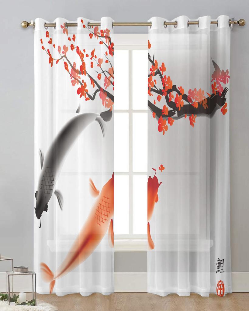Koi Fish Painting Plum Blossom Sheer Curtains for Living Room Decoration Window Curtains Kitchen Tulle Voile Organza Curtains