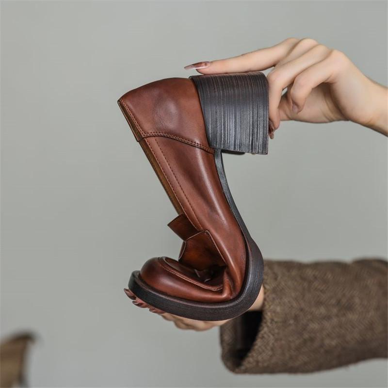 Fashion New Spring Genuine Leather Woman Shoes Round Toe Women Pumps Shoes for Women High Heel Platform Loafers Chunky Heel Ladies Shoes