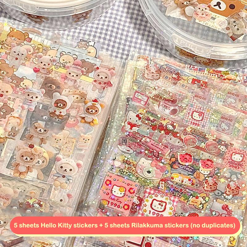 5/10 szt. Kreskówkowe Urocze Naklejki Hello Kitty Rilakkuma Wycinane Naklejki Anime Materiał do Rękodzieła Brokatowe Laserowe Naklejki Zabawka dla Dzieci