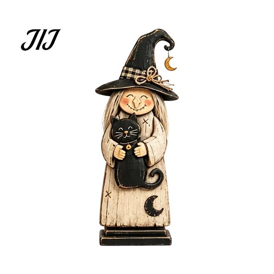 Vintage Style Witch Party Supplies Wooden Figurine, Halloween Statues with Hand Painted Figurine Sets Broom Pumpkin Black Cat, Fall Farmhouse Tabletop