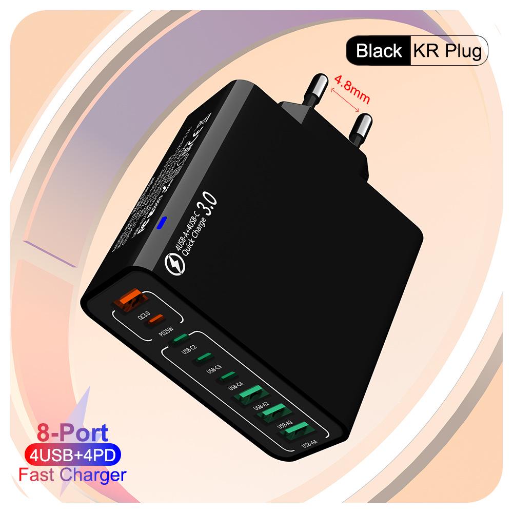 Fast 8-Port Charger: 4 USB, 4 PD, 55W, QC3.0 – Compatible with European, American, Korean Standards
