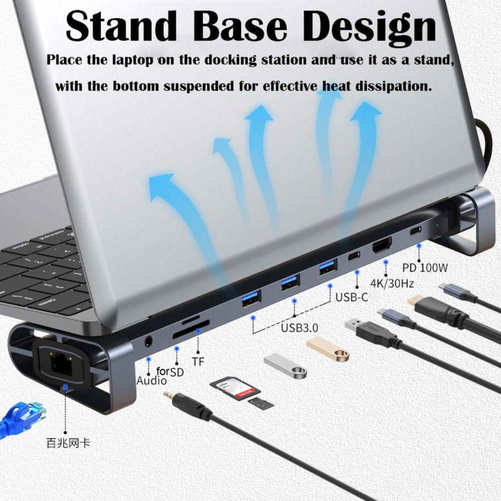 4K HDTV 10 in 1 Type-C Hub PD 100W Charging USB 3.0 Data Transfer USB-C Docking Station HDD 100Mbps Network Laptop Stand Base