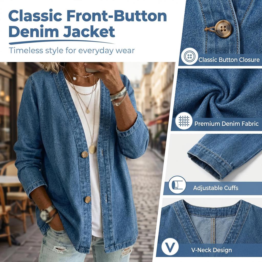 Women's Casual Open Front Cardigan Denim Look Jacket Long Sleeve Button Down Lightweight Outerwear for Everyday Wear