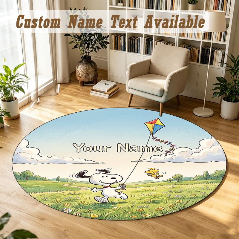 Snoopy Peanuts Personalized Round Rug Support Custom Name, Soft Home Decor Mat
