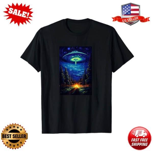 Aliens Flying Saucer Van Gogh Style Starry Night T-Shirt S