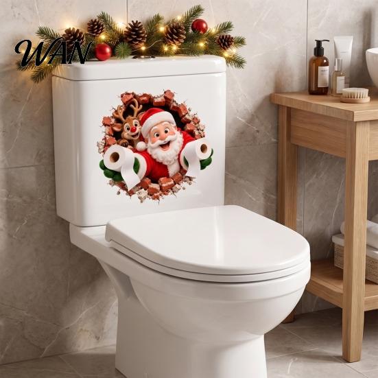 Removable PVC Wall Art Christmas Toilet Stickers, Funny Santa Claus Delivering Tissues Cover Murals Waterproof Lid Tank Seat Decals, Self-Adhesive