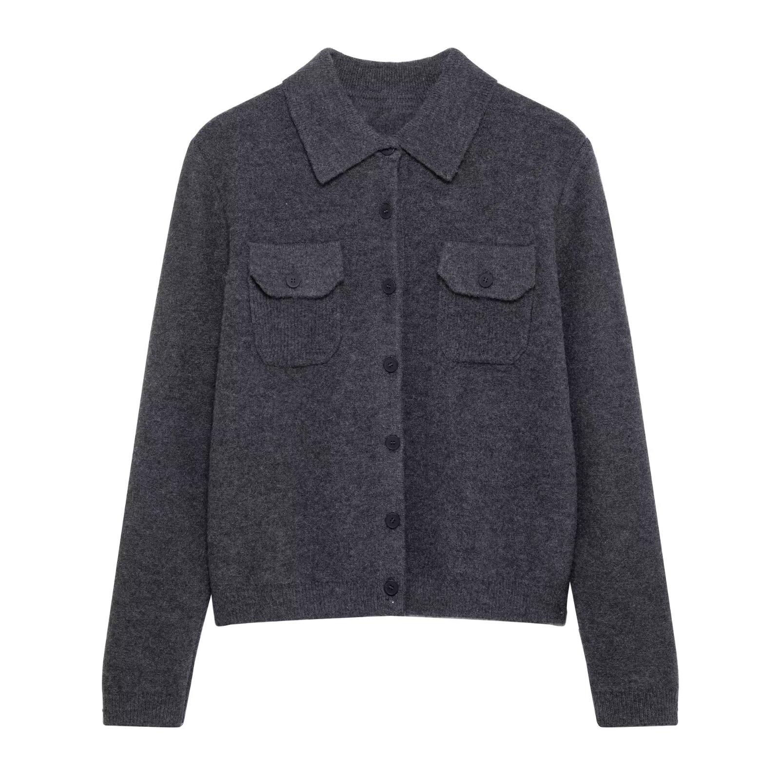 

2025 Spring Women s Versatile Knit Cardigan Coat with Turn-Down Collar and Pockets L