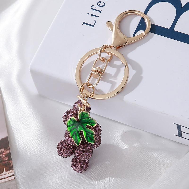 

1 шт. Маленький кулон с листьями Виноград Брелок для женщин девочек Полностью стразы Милый брелок для ключей автомобиля Подвеска для сумки Имитация фруктов фиолетовый