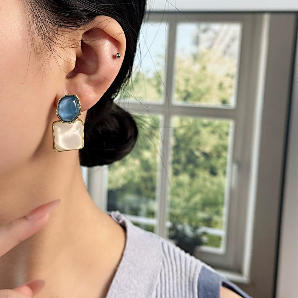 New Contrastive Resin Dropper Earrings for Women, Asymmetric Oval Pendant Earrings, Wedding Party, Blue Geometric Jewelry