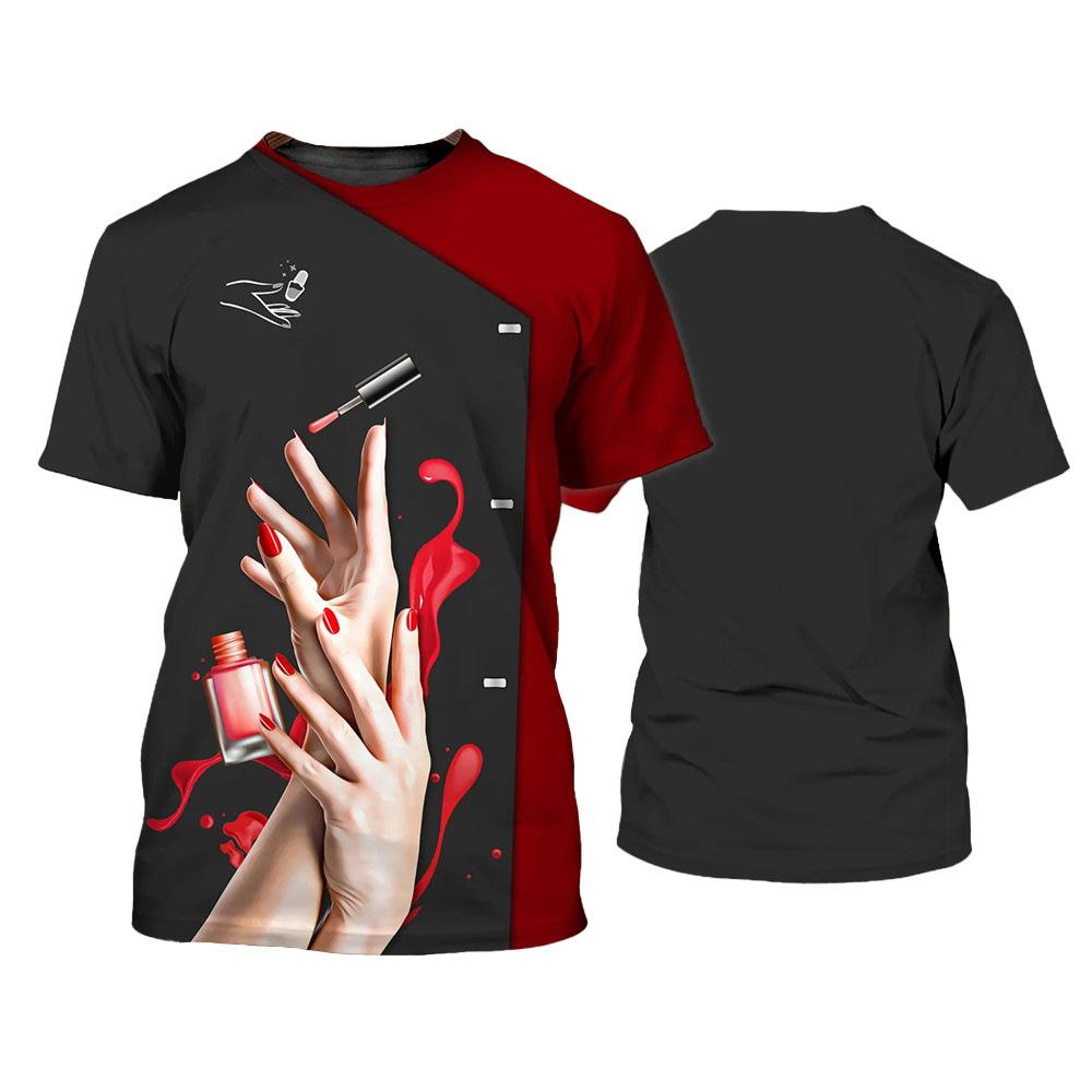 Digital Printed Women's Round Neck Casual Short Sleeved T-shirt Beauty Nail Uniform Summer Casual Fashion Comfortable Plus Size T-shirt