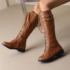 Women Knee High Long Boots Round Toe Thick Mid Heels Buckle Lace-up Zipper Gogo Boots Ladies Fashion Shoes Autumn Winter 46
