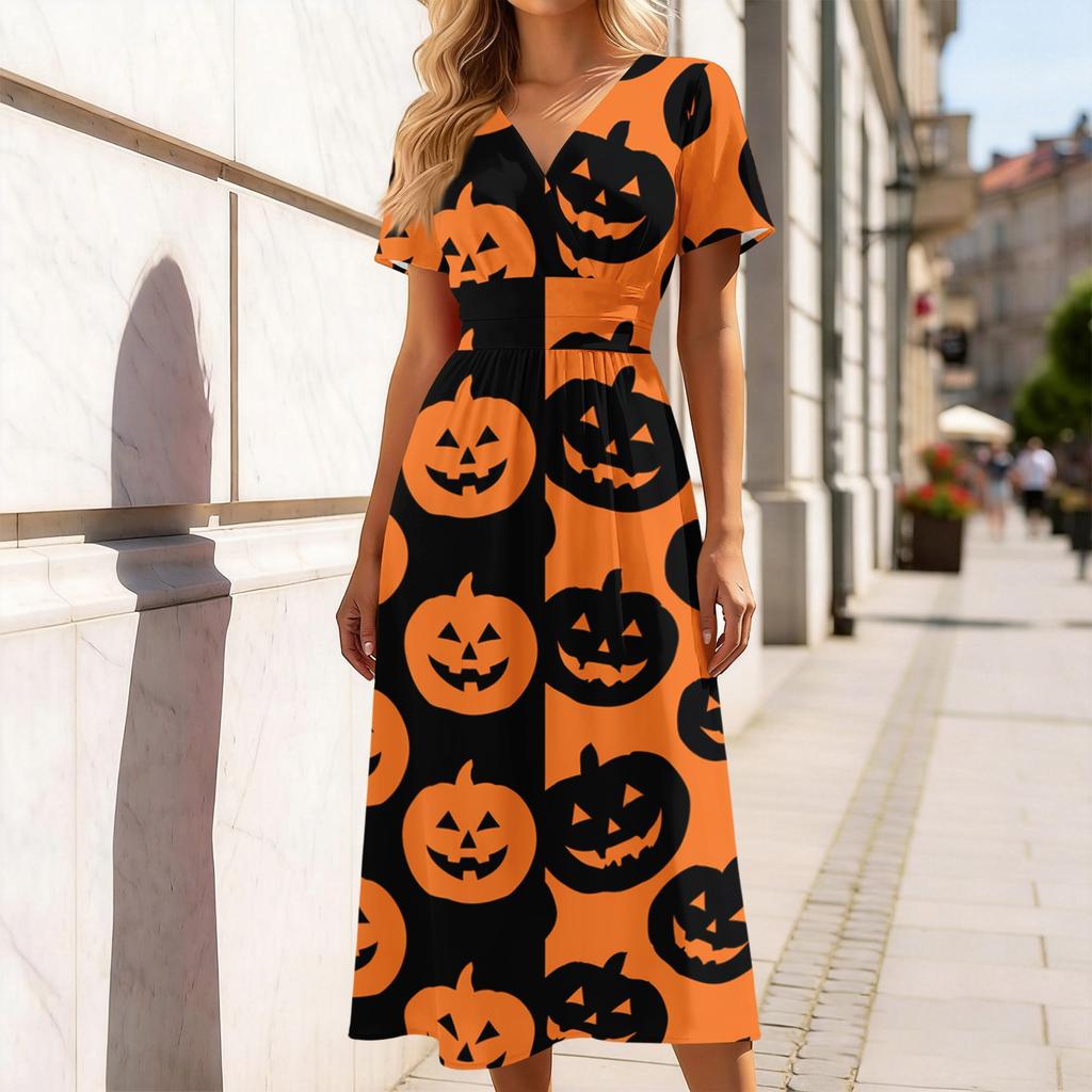Women's V-Neck Short Sleeve Halloween Print Casual Dress for Halloween Party