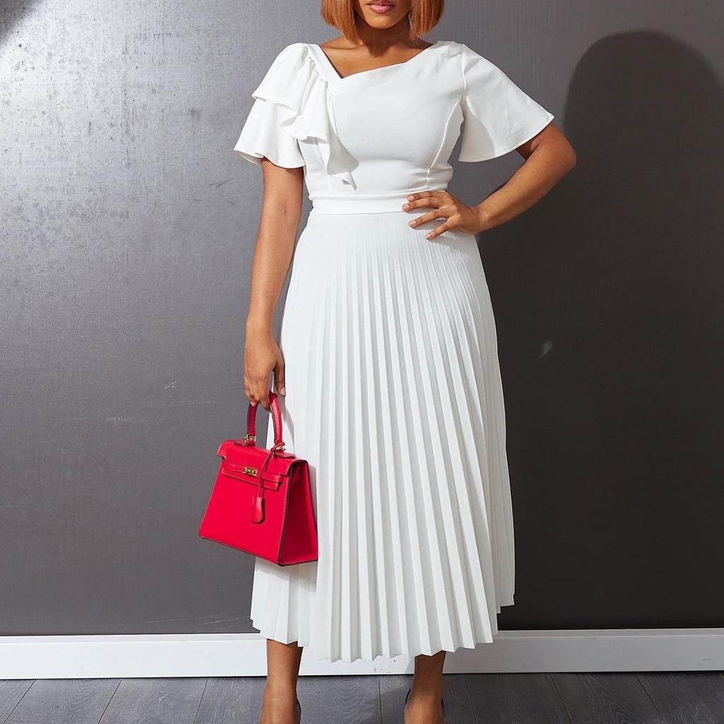 Elegant Office Lady's Dresses Ruffles Sleeve Pleated Ankle Length Luxury Female Party Evening Dress