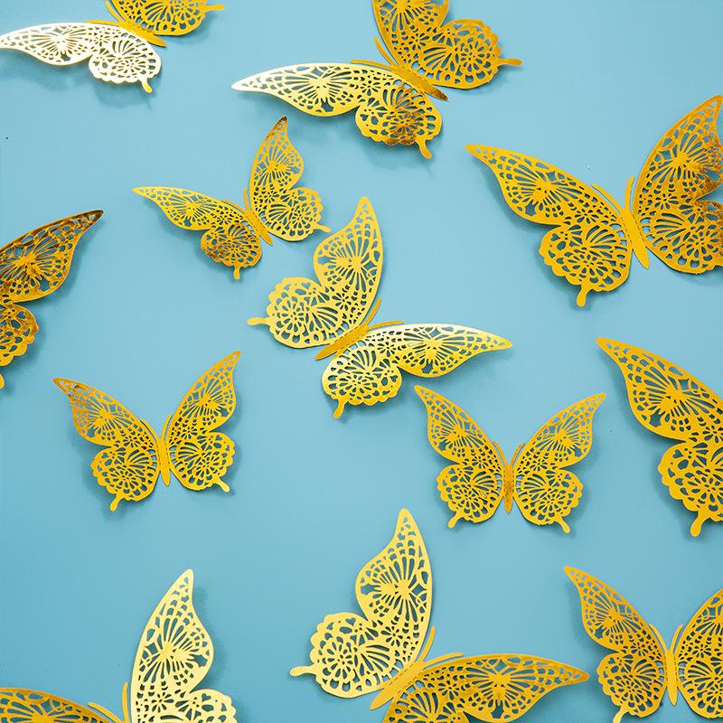 3D Imitation Metal Butterfly Wall Decor Stickers - Hollow Design for Living Room