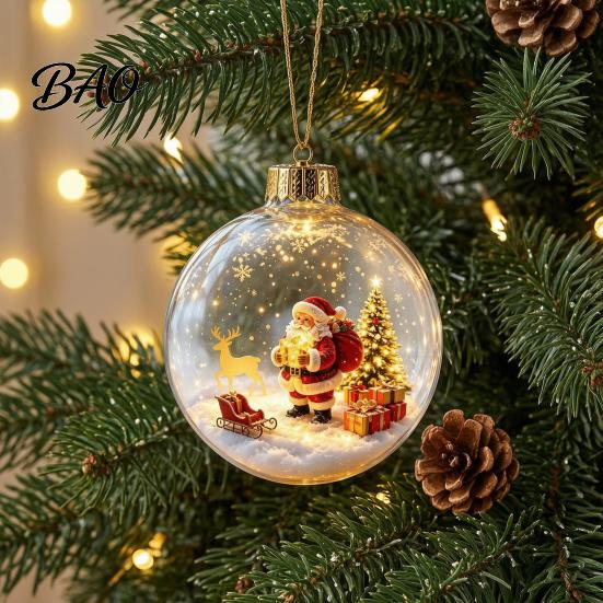Lighted Christmas Ornaments Glowing Ball Ornaments, Light-Up with Mini Holiday Scene, Acrylic Clear Home Decorations Tree Hanging Decor Warm LED Light