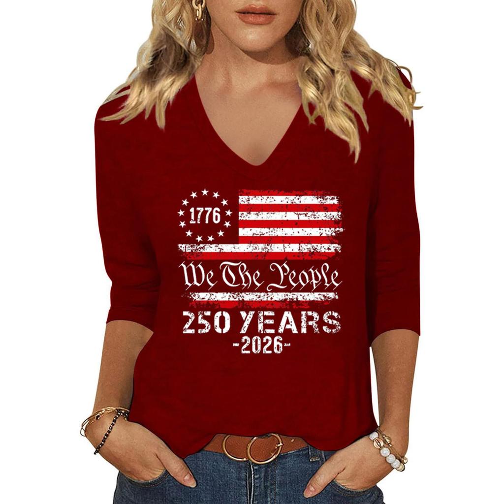 Womens V Neck Three Quarter Sleeve Top with 1776 Flag Graphic We The 250 Years 2026 Print Casual Loose Fit Shirt