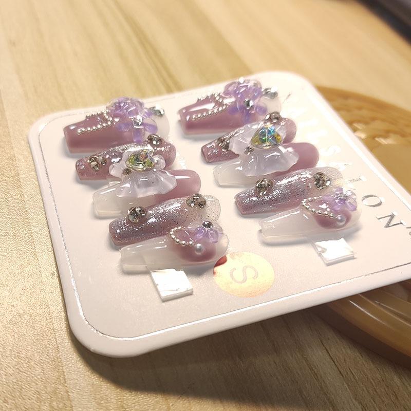 100% HANDMADE Coffin Shape Fake Nail Set With Glue Art Purple Starry Clear Iris Flower Applique Diamond Press On Nails Reusable and Removable