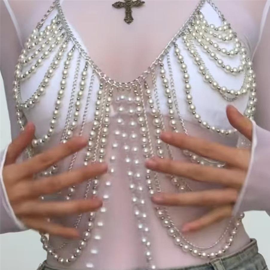 Pearl Chain Tassel Halter Body Chain Top