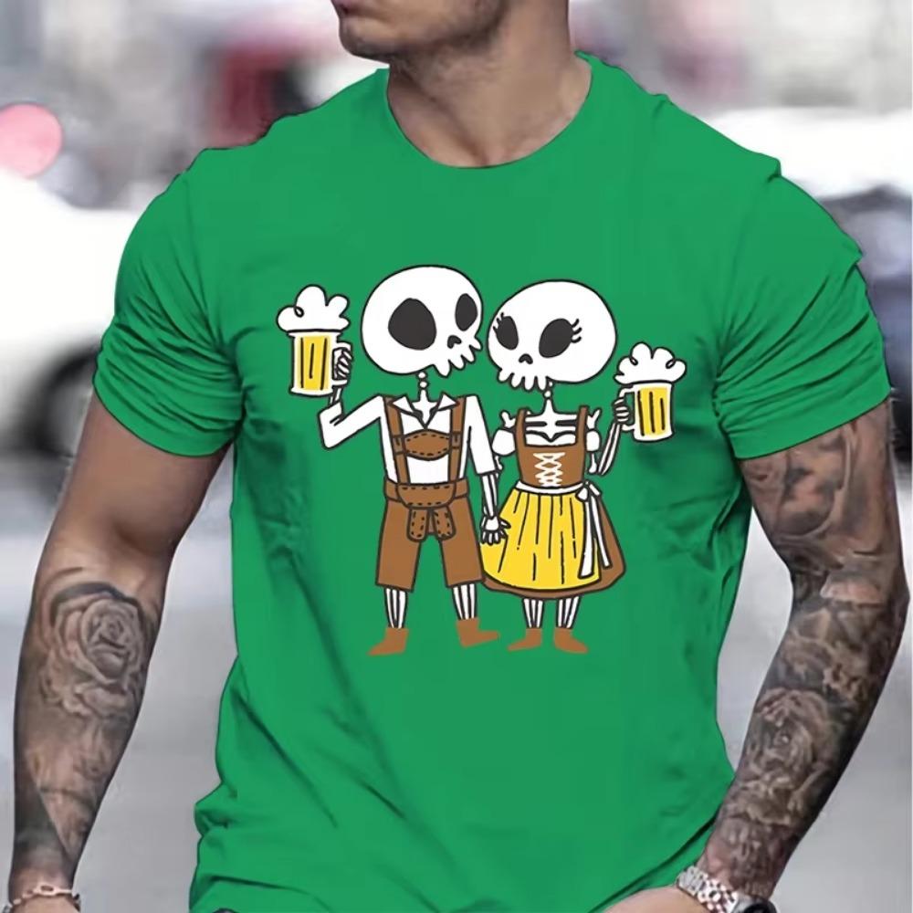 Skeleton Couple Drinking Beer Print T-shirts Beer Lover Essential Summer Clothes Skull Cheers Beers Print Fashion Mens T-shirt