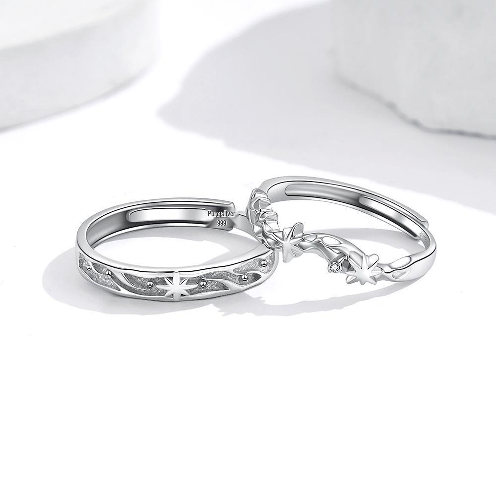 Sterling Silver Starry River Couples' Open Rings: Elegant Luxury Design with Zirconia Stars for Men and Women.