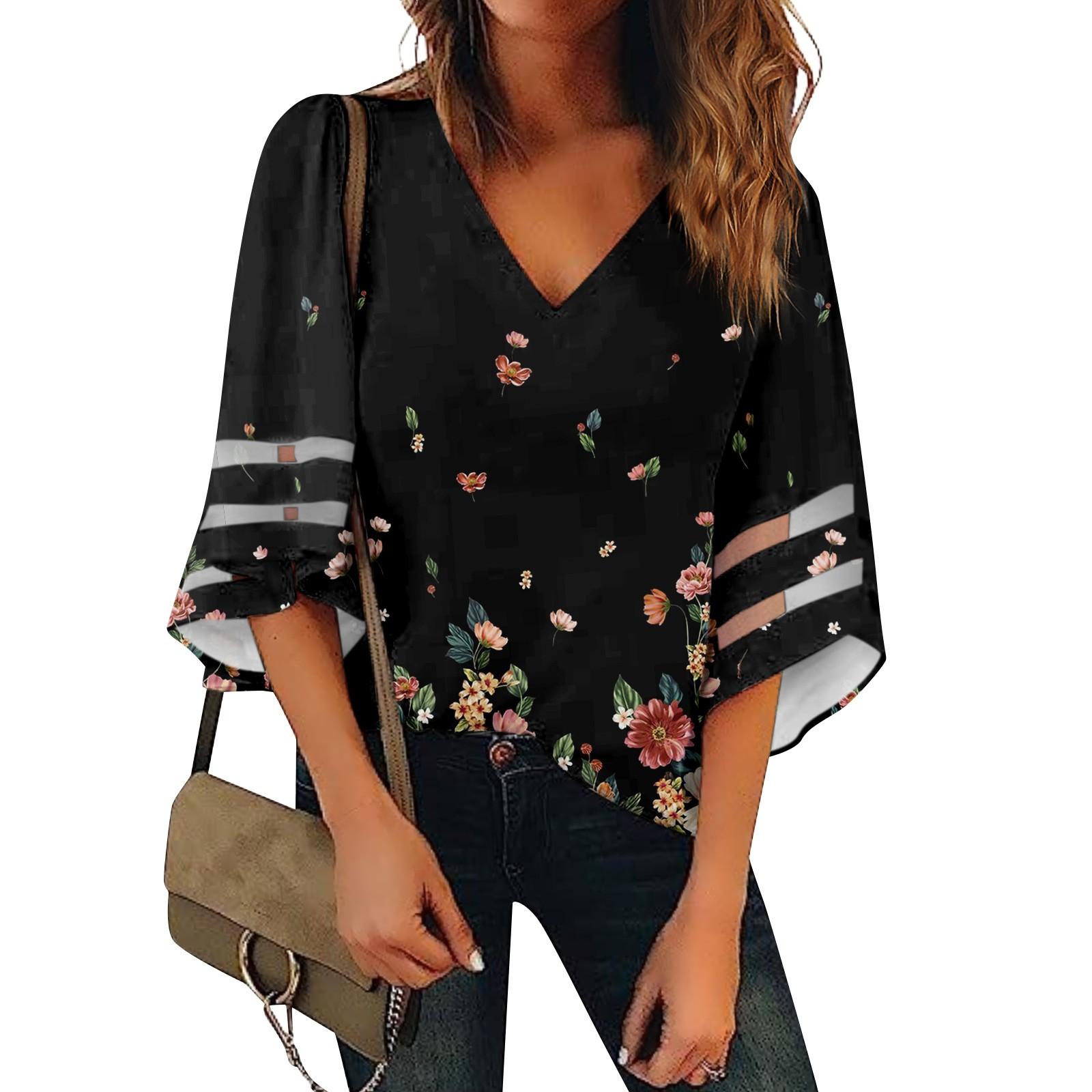 

Женская рубашка, блузка, повседневные свободные рубашки, кружевные рубашки с рукавами 3/4, топы с v-образным вырезом и принтом, топы с принтом, футболки, футболки S чёрный