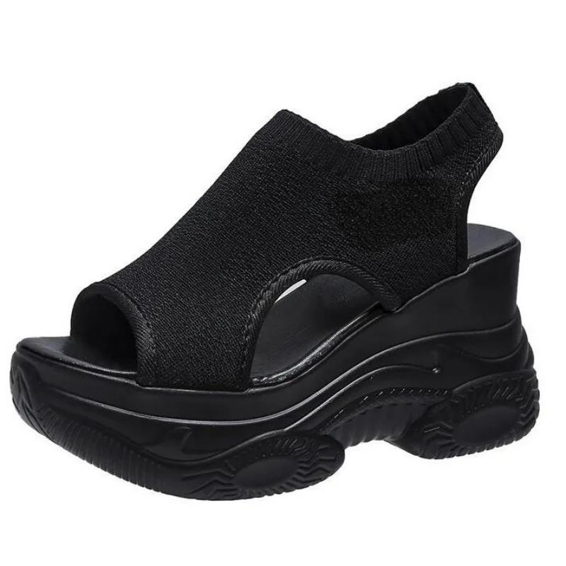

Женские сандалии, летние женские сандалии на танкетке с эластичным тканевым чехлом, модная повседневная обувь на толстой подошве с небольшим подъемом 38 чёрный