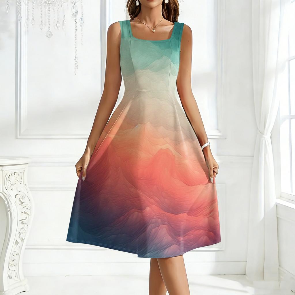 Sleeveless Square Neck Gradient Print Midi Dress for Women Casual A Line Summer Sundress Soft Fabric Flowy Skirt